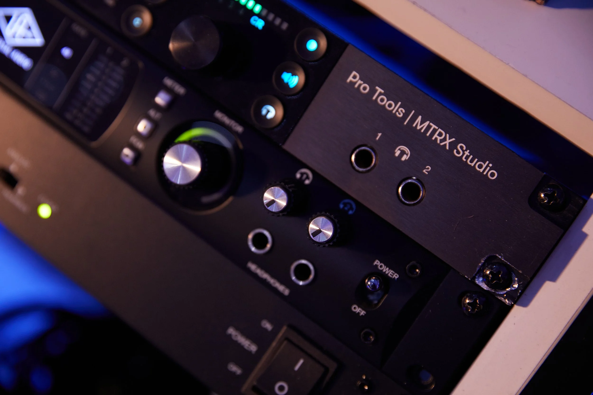 Close-up of Avid MTRX Studio audio hardware